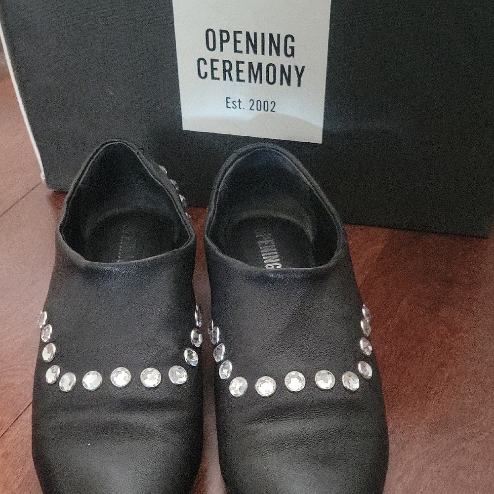 Opening Ceremony Black Crystal-Studded Leather Mules